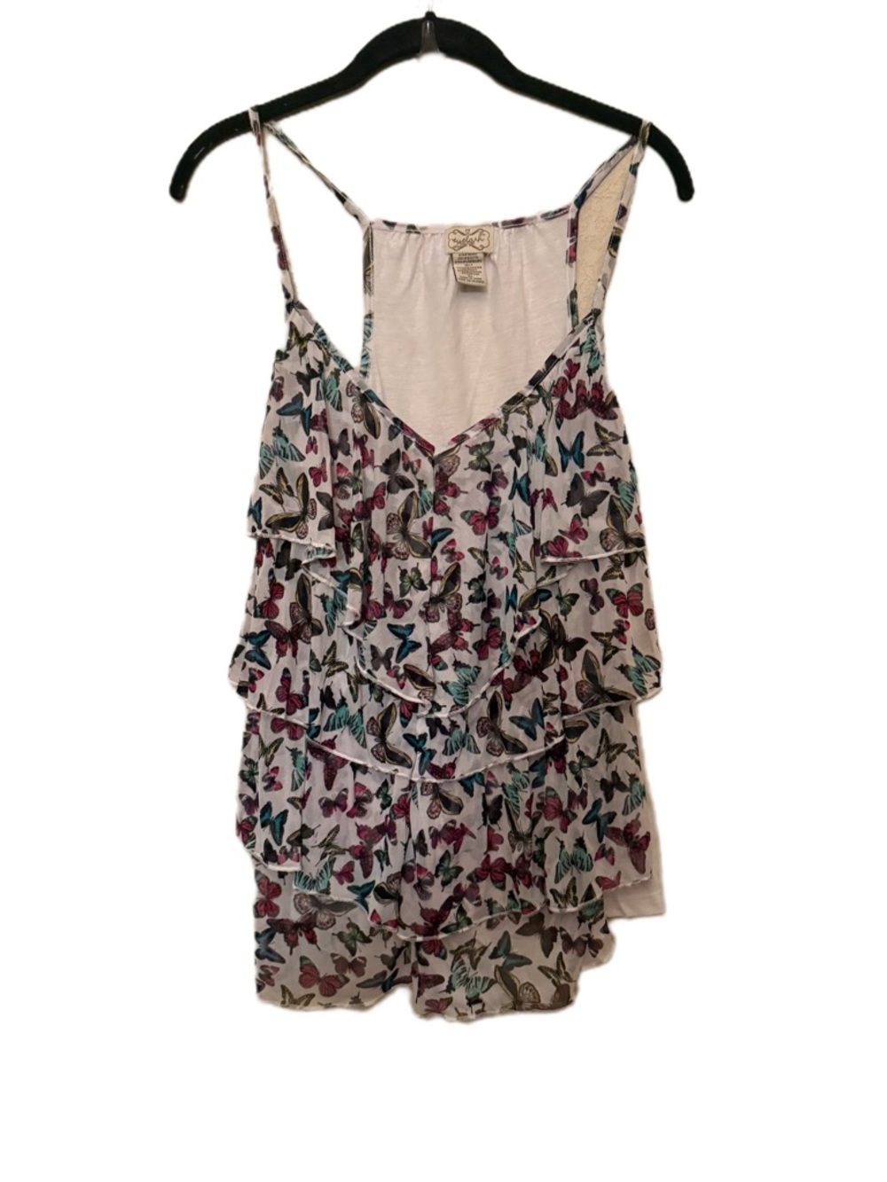 Y2K Butterfly Print Ruffled Cami Top - White/Multi